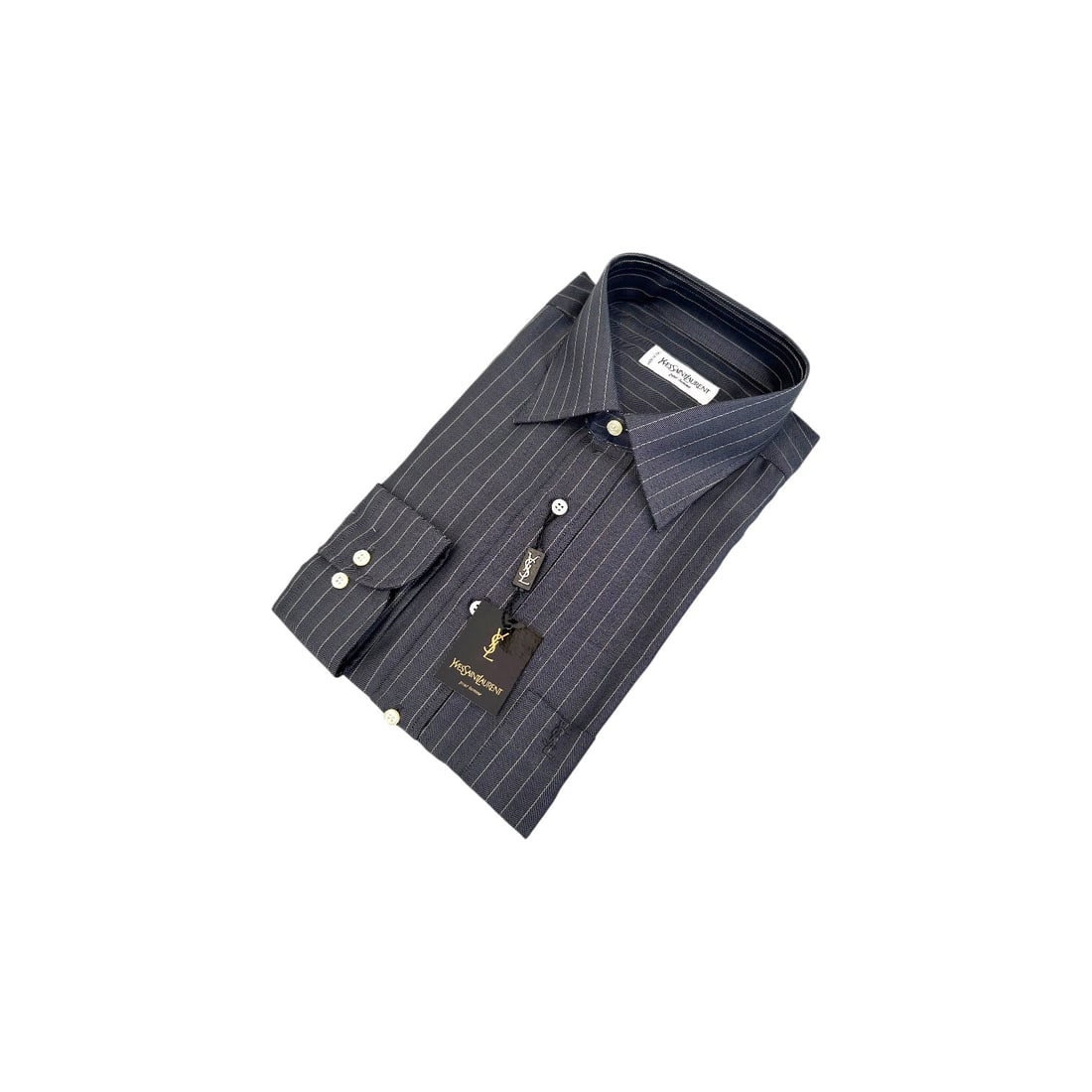 YVES SAINT LAURENT VINTAGE COTTON SHIRT UNISEX SHIRT: This exceptional vintage Yves Saint Laurent long-sleeve shirt is a masterclass in textile complexity and dark, tailored luxury. It features an exquisite dark charcoal grey base with a premium herringb