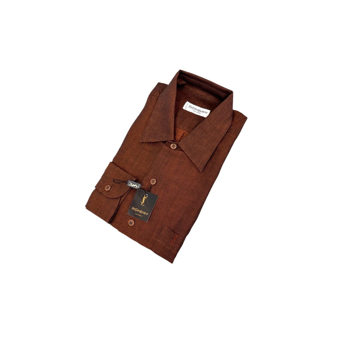 YVES SAINT LAURENT VINTAGE COTTON SHIRT UNISEX SHIRT: This exceptional vintage Yves Saint Laurent long-sleeve shirt is a rare and magnificent archival masterpiece. Presented in a luxurious, warm tobacco rust brown / terra di Siena hue, this garment is cr