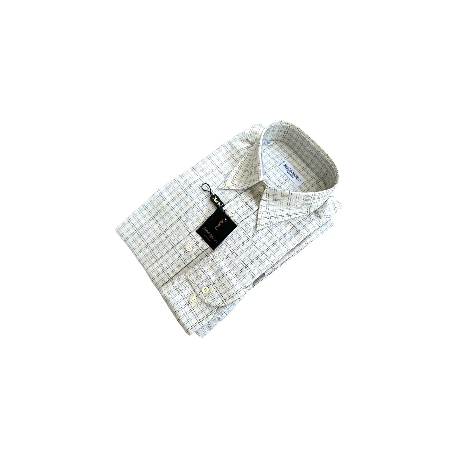 YVES SAINT LAURENT VINTAGE COTTON SHIRT UNISEX SHIRT: This exquisitely fresh vintage Yves Saint Laurent long-sleeve shirt is a foundational staple for an elegant summer wardrobe. It features a light ivory base adorned with a fine, sophisticated graph che