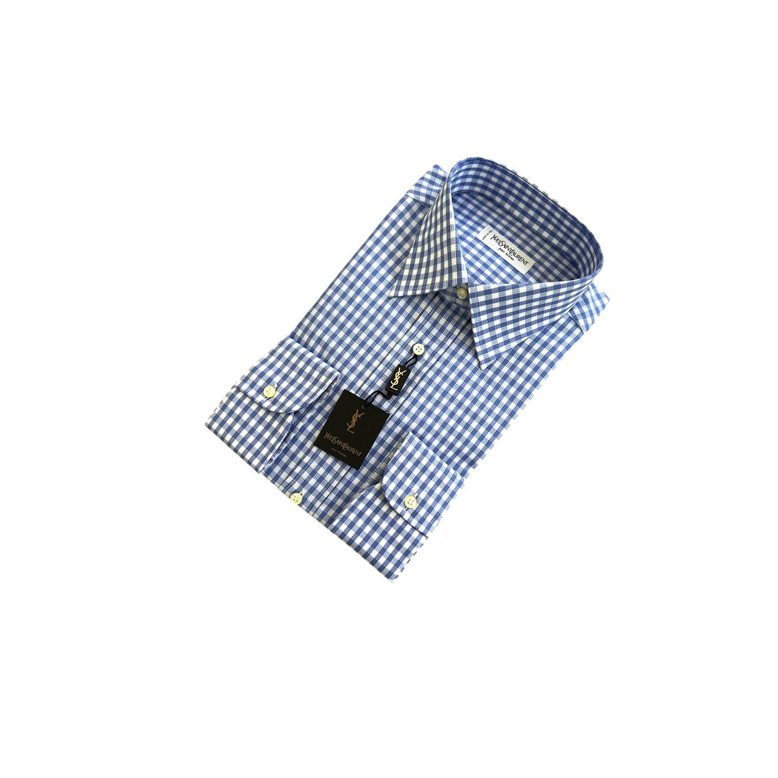 YVES SAINT LAURENT VINTAGE COTTON SHIRT UNISEX SHIRT: This timeless vintage Yves Saint Laurent long-sleeve shirt is a beautiful addition to any luxury collection, showcasing the iconic and fresh gingham (Vichy) check pattern in a soft sky blue and bright