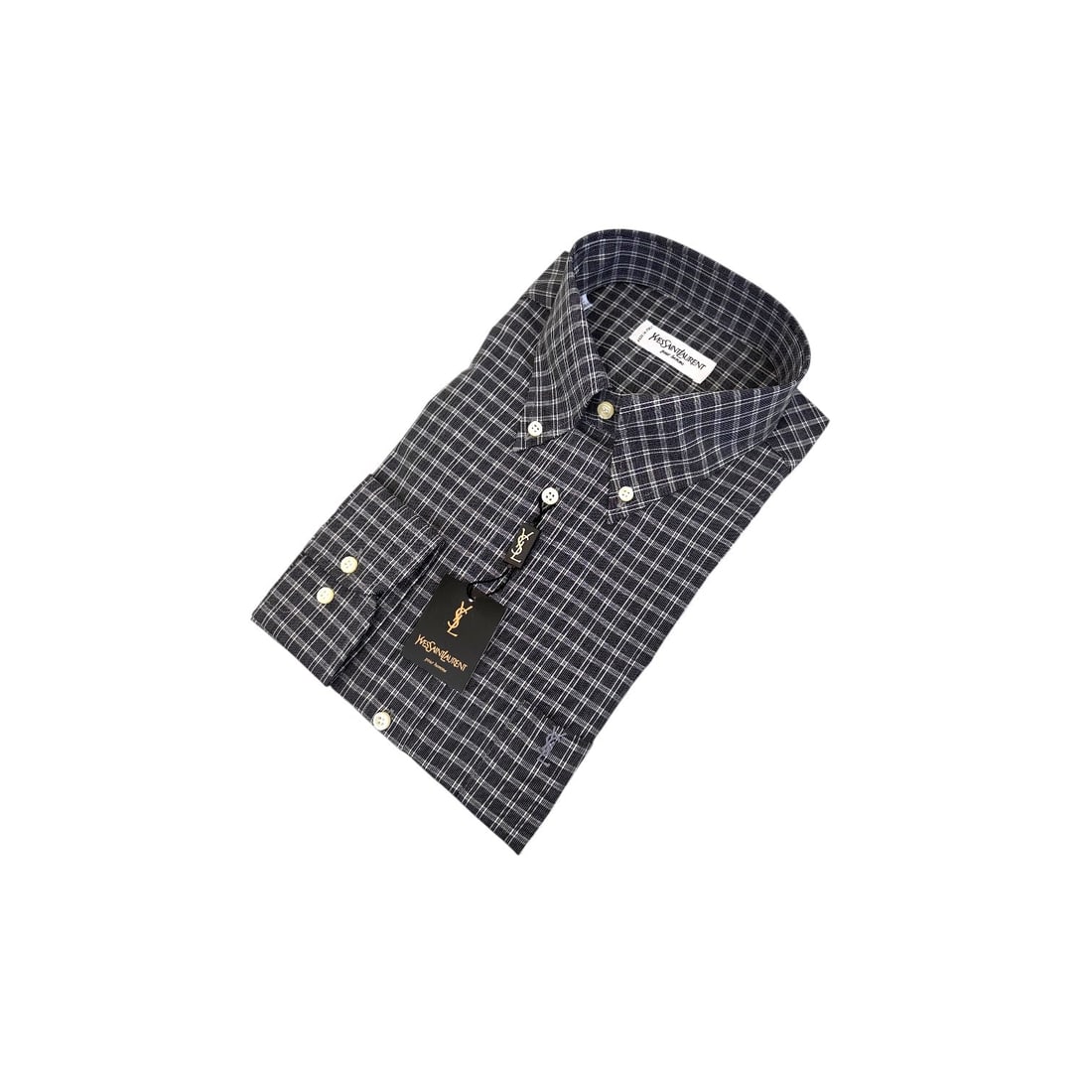 YVES SAINT LAURENT VINTAGE COTTON SHIRT UNISEX SHIRT: This sophisticated vintage Yves Saint Laurent long-sleeve shirt is a striking blend of dark luxury and classic British-inspired tailoring. It features a deep charcoal black base adorned with a sharp, 