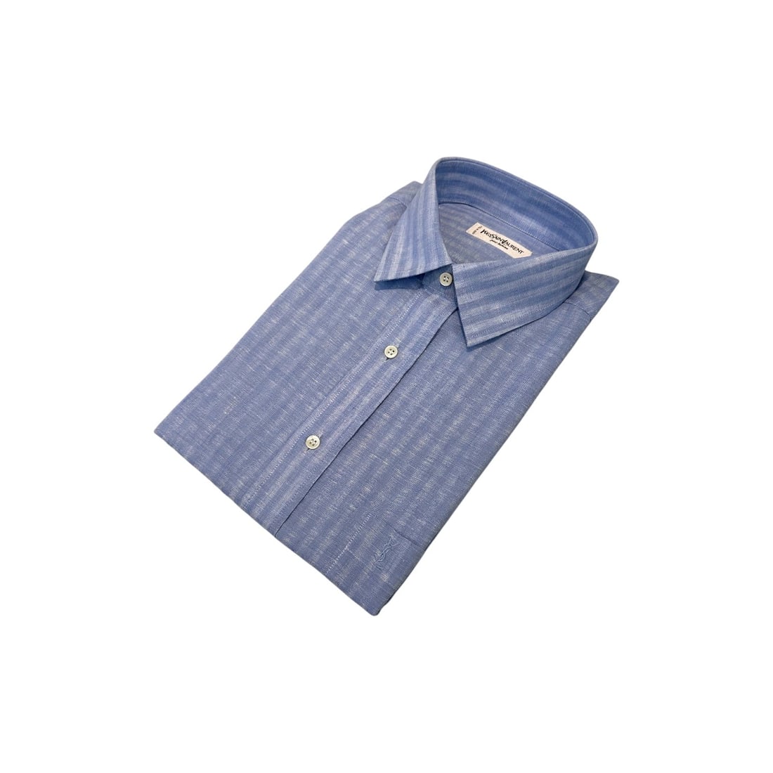 YVES SAINT LAURENT VINTAGE COTTON SHIRT UNISEX SHIRT: This exquisite vintage Yves Saint Laurent short-sleeve shirt is a beautiful celebration of warm-weather sophistication and high-end archival tailoring. Presented in a gorgeous chambray light blue / pe