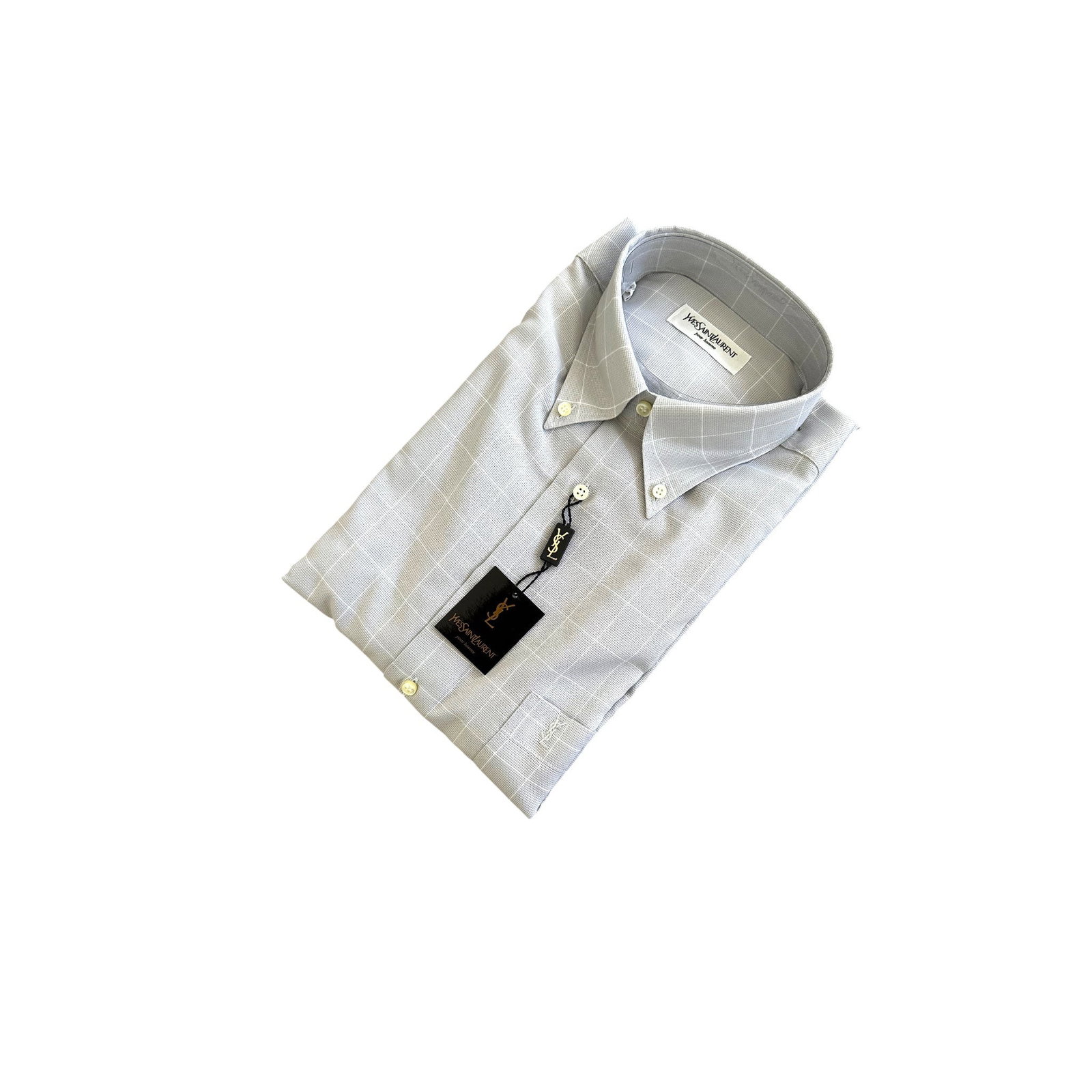 YVES SAINT LAURENT VINTAGE COTTON SHIRT UNISEX SHIRT: This sophisticated vintage Yves Saint Laurent long-sleeve shirt is a true statement of understated elegance. It features a beautiful light silver-grey hue with a clean, crisp white windowpane check pa