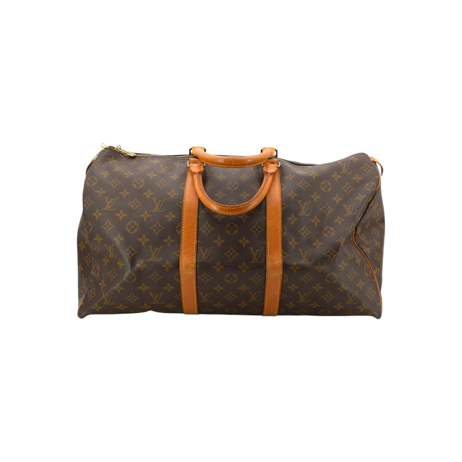 LOUIS VUITTON CLOTH LUGGAGE KEEPALL: Embrace the spirit of travel with the Louis Vuitton Keepall 50, a true masterpiece of French craftsmanship from the 2000s. This iconic large-sized travel duffle is meticulously crafted from signature 