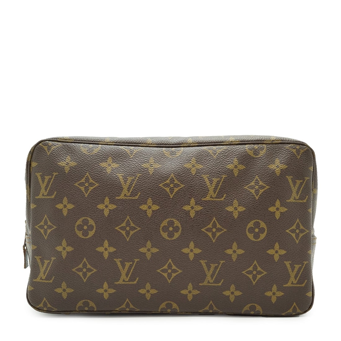 LOUIS VUITTON VINTAGE CLOTH CLUTCH BAG TROUSSE DE TOILETTE: Step back into the 1980s with this exquisite Louis Vuitton Trousse de Toilette, a timeless icon of French craftsmanship. This medium-sized clutch is defined by its versatile silhouette, crafted from s