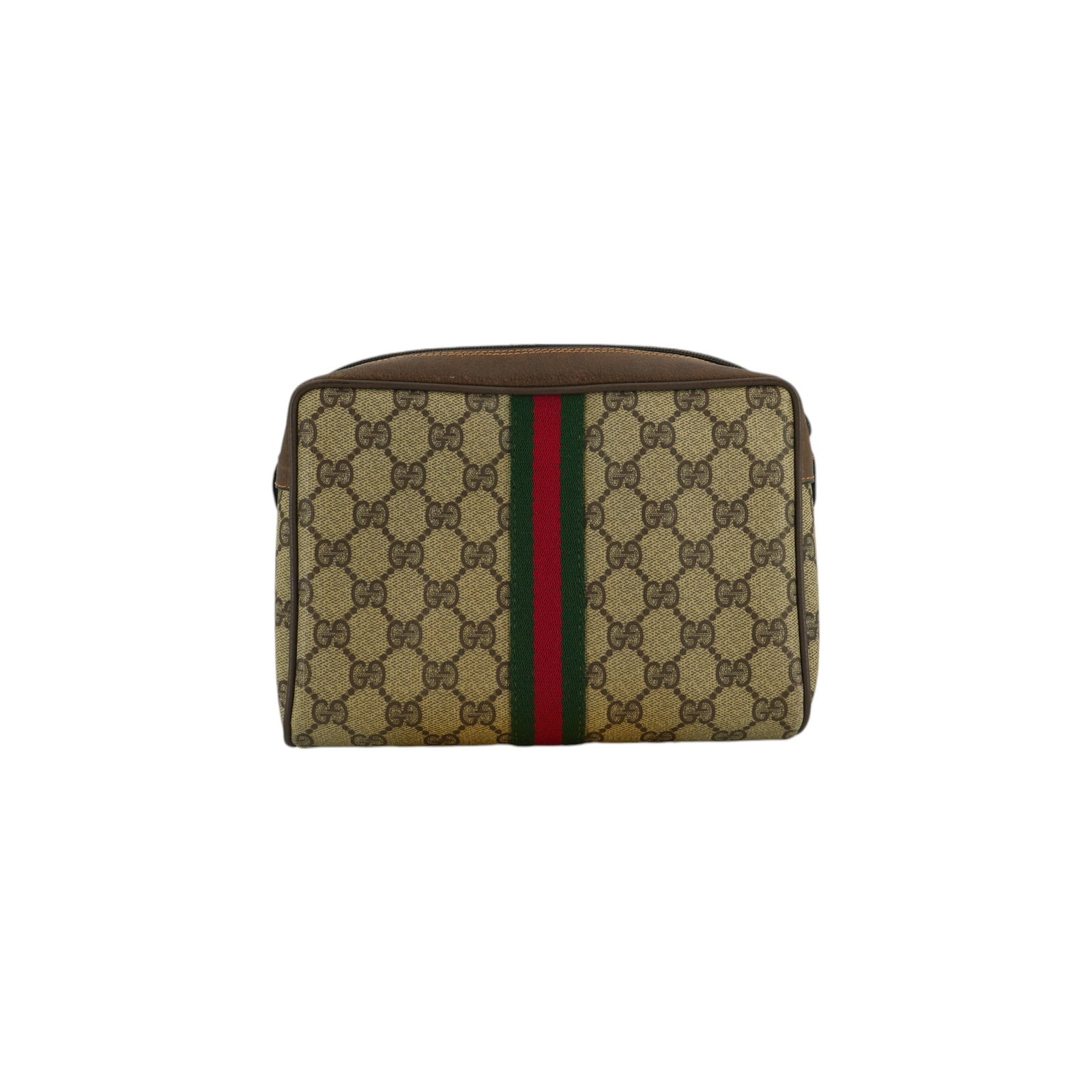 GUCCI VINTAGE CLOTH CLUTCH BAG OPHIDIA: Step into a world of timeless Italian elegance with this Gucci Ophidia cosmetic bag clutch, a rare treasure from the 1970s. Crafted from the iconic brown monogram canvas, this small unisex accessory s