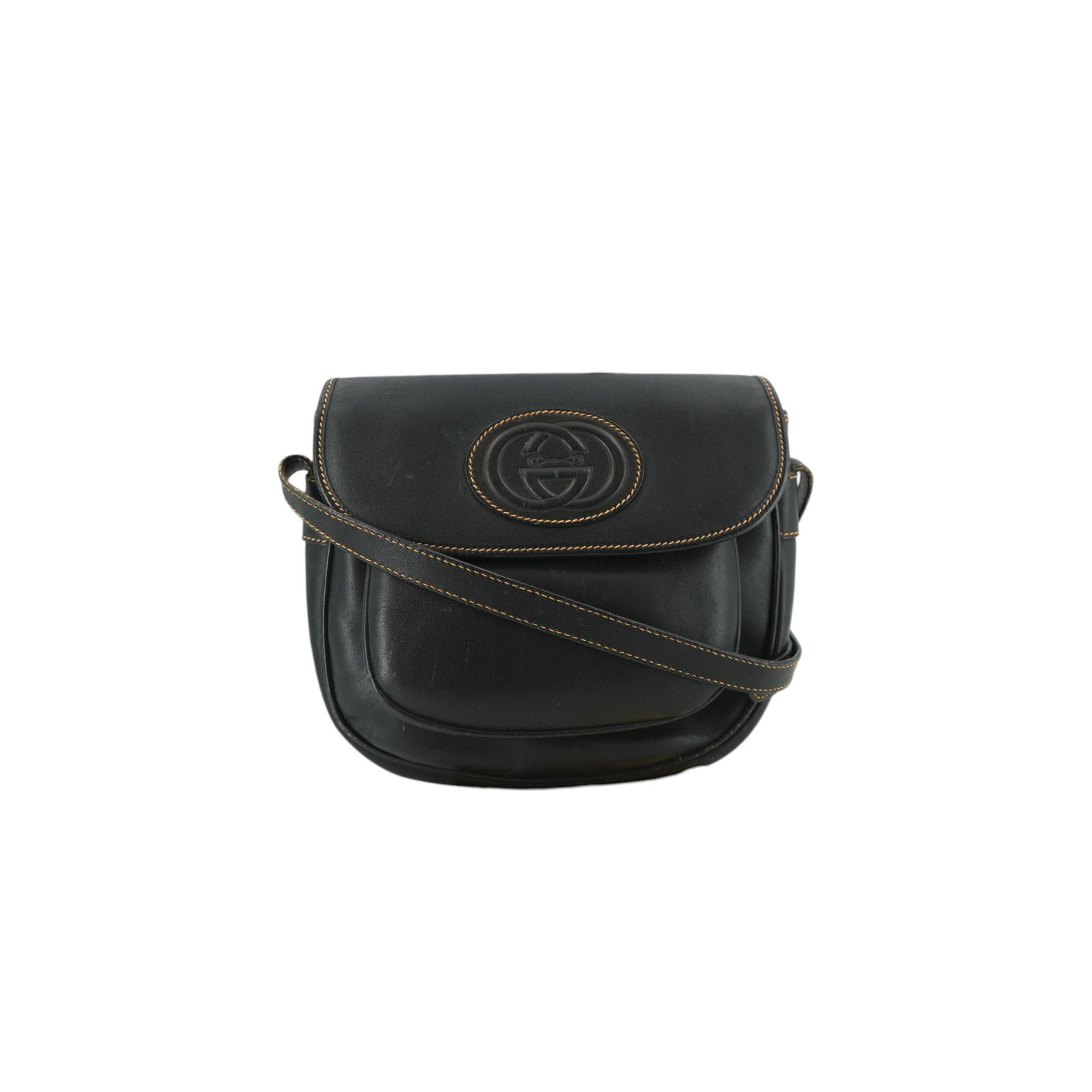GUCCI VINTAGE LEATHER CROSSBODY BAG INTERLOCKING: Step back into the golden era of 1990s Italian luxury with this exquisite Gucci Vintage Crossbody Bag. A true testament to timeless style, this medium-sized gem is crafted from supple black leather an