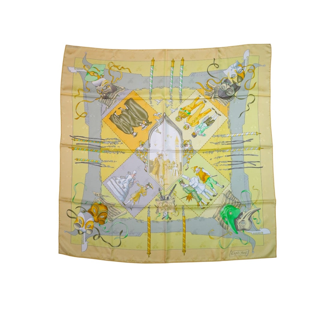 HERMES VINTAGE SILK SCARF CARRE 90: Step into the festive spirit of the 1990s with this exquisite Hermes "Le Carnaval de Venise" silk scarf. Designed by the talented Hubert de Watrigant and meticulously crafted in France between 1990 an