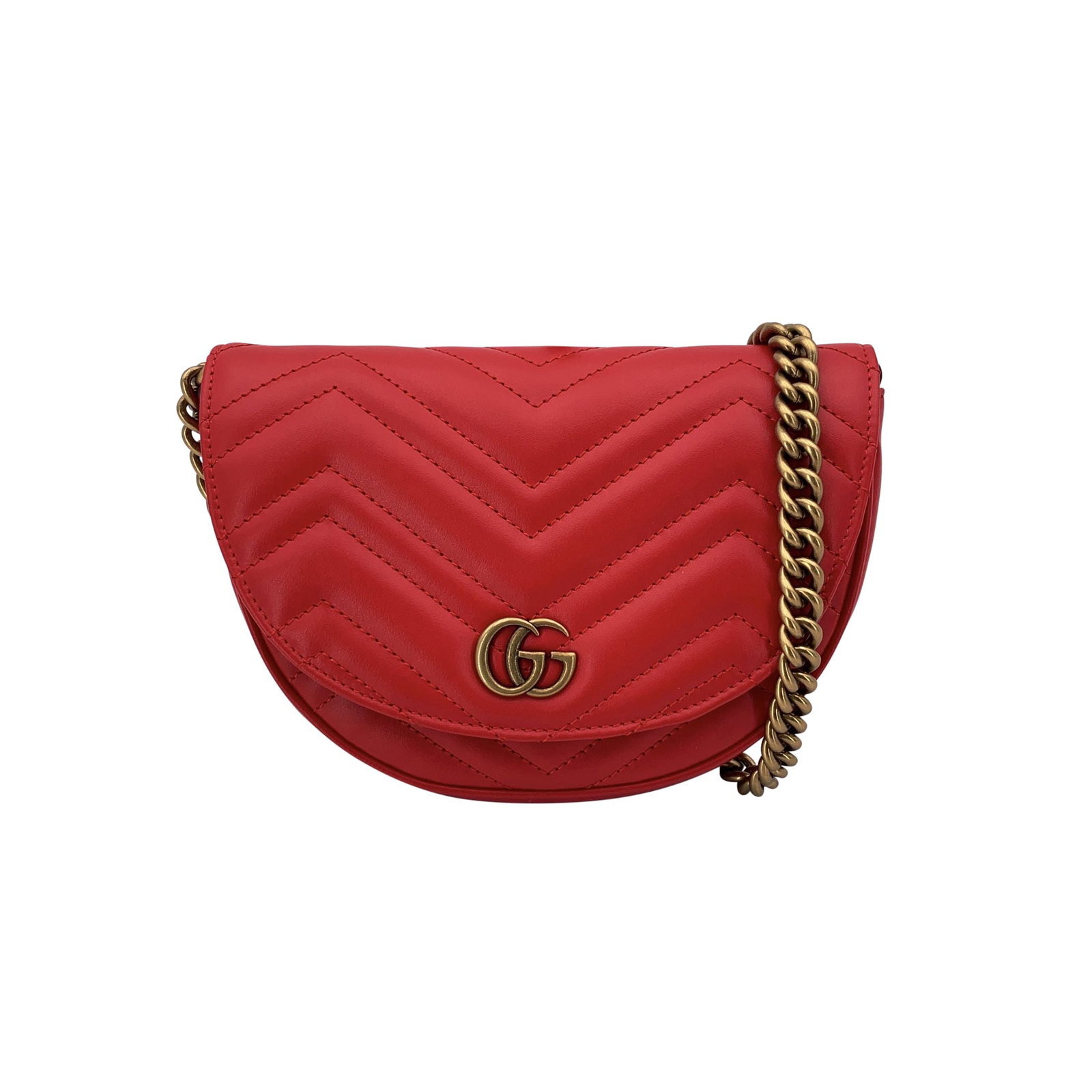 GUCCI LEATHER CROSSBODY BAG GG MARMONT: A true icon from Gucci's modern heritage, this Gucci GG Marmont Half Moon Crossbody Bag tells a story of timeless Italian craftsmanship and unmistakable style. Produced in Italy between 2010 and 2019,