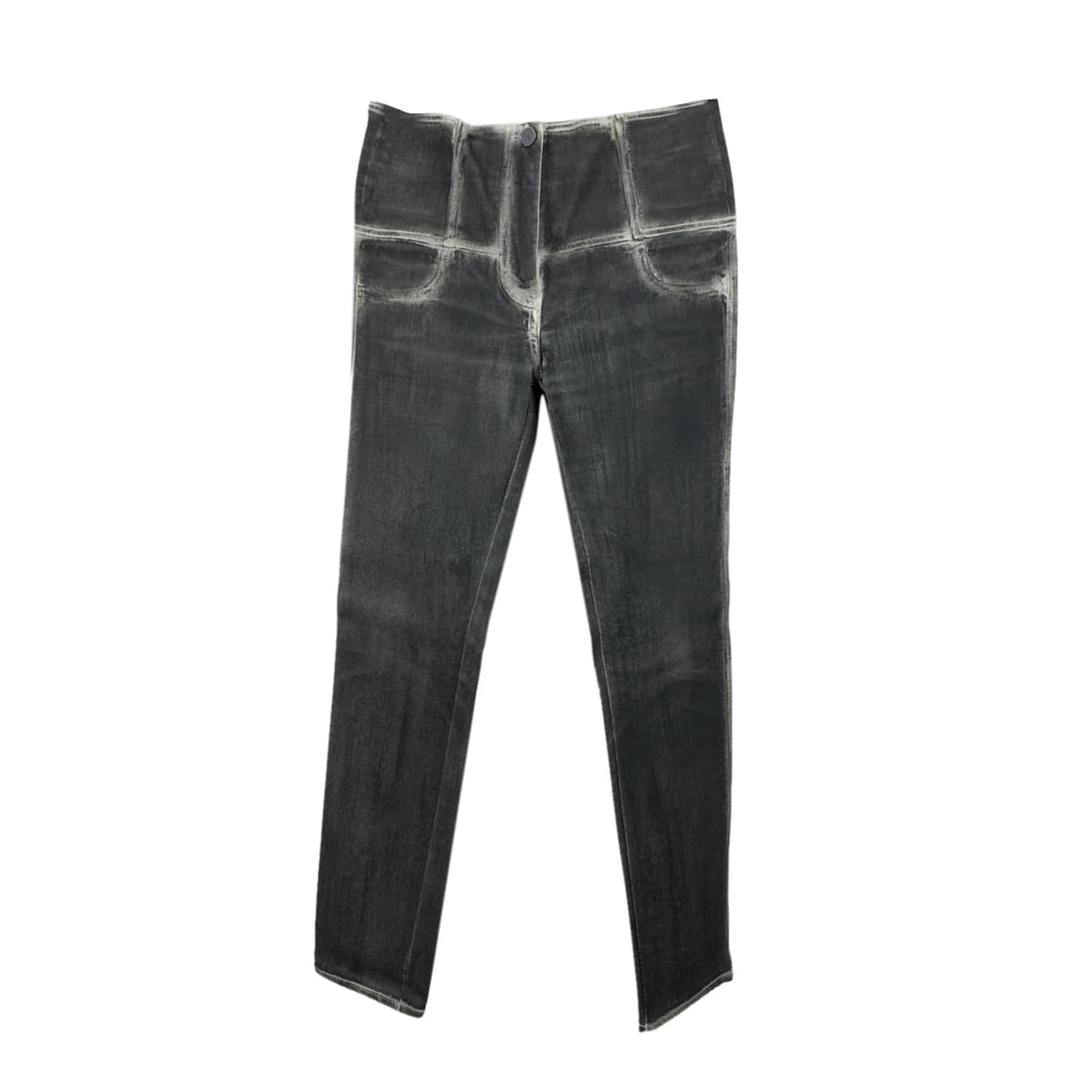 CHANEL DENIM JEANS TROUSERS: Chanel grey washed out denim jeans. It features belt loops, button and zip closure on the front and skinny design. Designed button. Composition: 98% cotton, 2% elastane. Size 38 FR (it should
