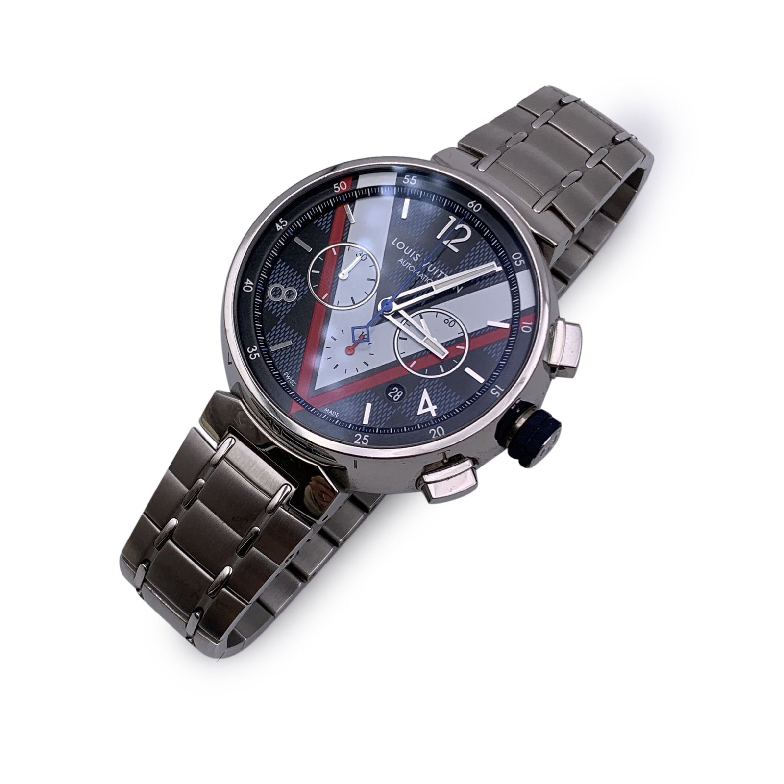 LOUIS VUITTON STEEL WATCH TAMBOUR CHRONOGRAPHE: Discover the perfect blend of sophistication and functionality with the Louis Vuitton Stainless Steel Tambour Damier Cobalt Chronograph Watch. A true statement piece, this watch is a testament to Loui