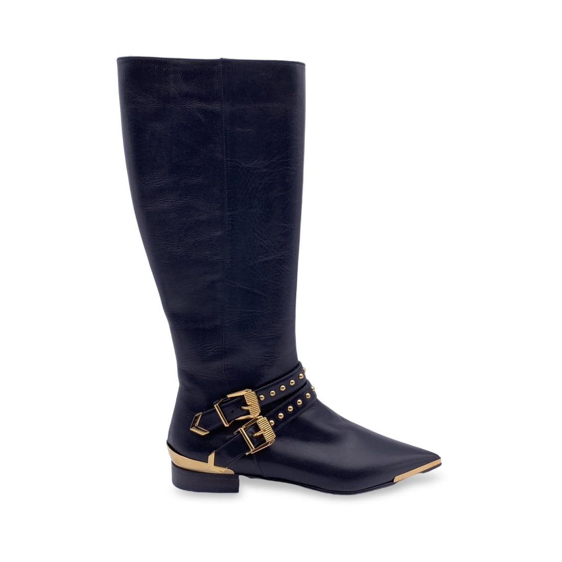 VERSACE LEATHER BOOTS: Versace black leather boot. It features gold metal detailing such as studs, 2 buckles at the ankle and the pointed toes. Zip closure internally. Size: EU 6 (The size shown for this item is the size
