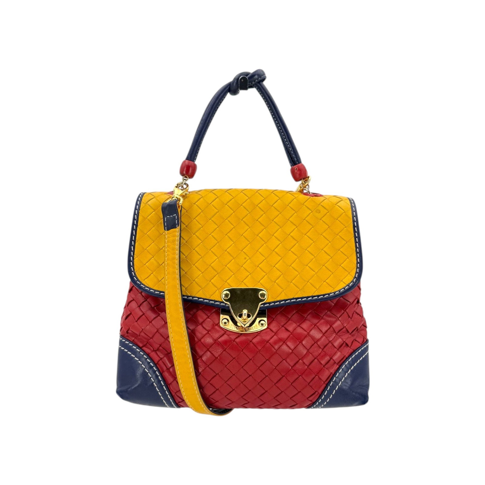 BOTTEGA VENETA VINTAGE LEATHER HANDBAG INTRECCIATO: Embrace the vibrant spirit of the 1980s with this exquisite Bottega Veneta Vintage Multicolor Intrecciato Woven Leather 2way Bag. Expertly crafted in Italy between 1980 and 1989, this medium-sized