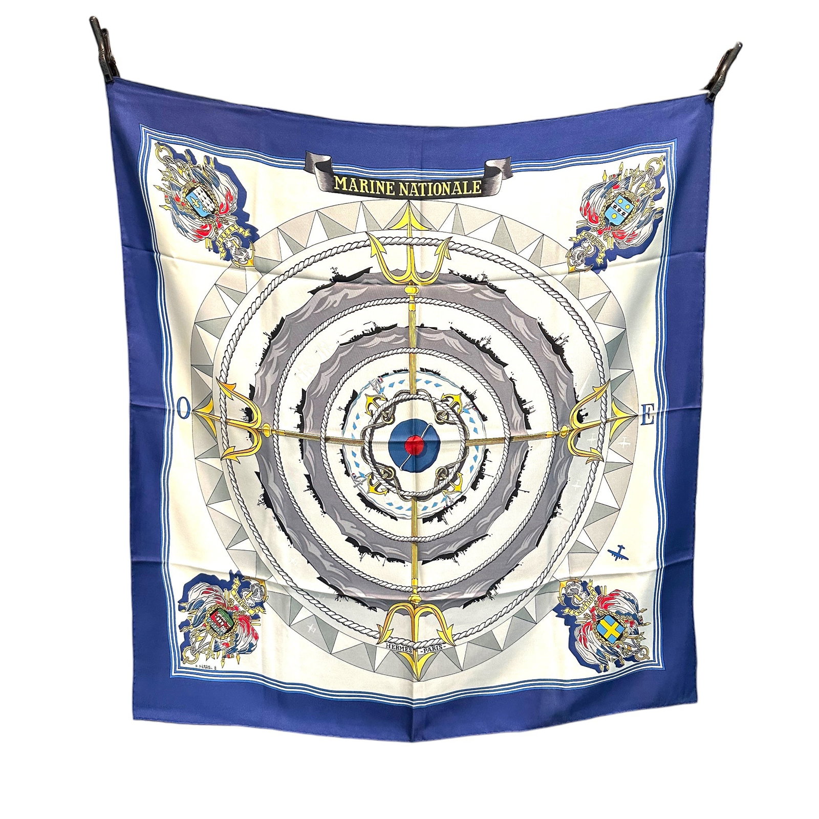 HERMES VINTAGE SILK SCARF CARRE 90: Step into the golden era of nautical elegance with this stunning Hermes Carre 90, a vintage silk masterpiece designed by the renowned Pierre Peron. Crafted in France between 1950 and 1959, this "Marin