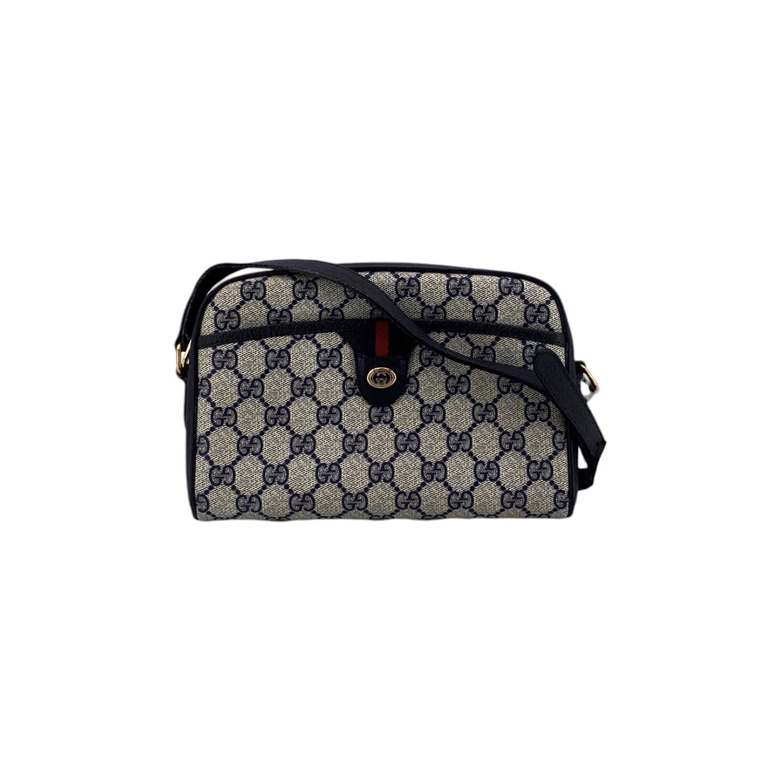 GUCCI VINTAGE CLOTH CROSSBODY BAG OPHIDIA: This Gucci Vintage Blue Monogram Canvas Web Ribbon Small Crossbody Bag is a timeless addition to any collection, hailing from the iconic Ophidia line produced between 1980 and 1989. Expertly crafted i