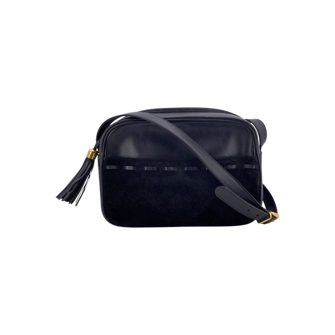 GUCCI VINTAGE LEATHER CROSSBODY BAG TASSEL: This Gucci Vintage Black Suede and leather Tassel Crossbody Camera Bag is a sophisticated find for any vintage enthusiast. Crafted in Italy between 1990 and 1999, this medium-sized women's bag feature