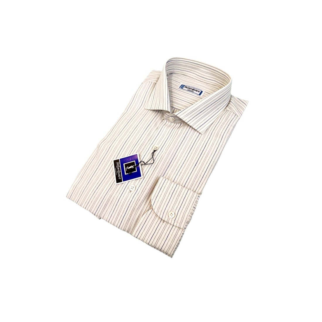 YVES SAINT LAURENT VINTAGE COTTON SHIRT UNISEX SHIRT: This pristine vintage Yves Saint Laurent long-sleeve dress shirt is a flawless testament to classic luxury and sharp geometric tailoring. Set against an incredibly crisp off-white canvas, it features 