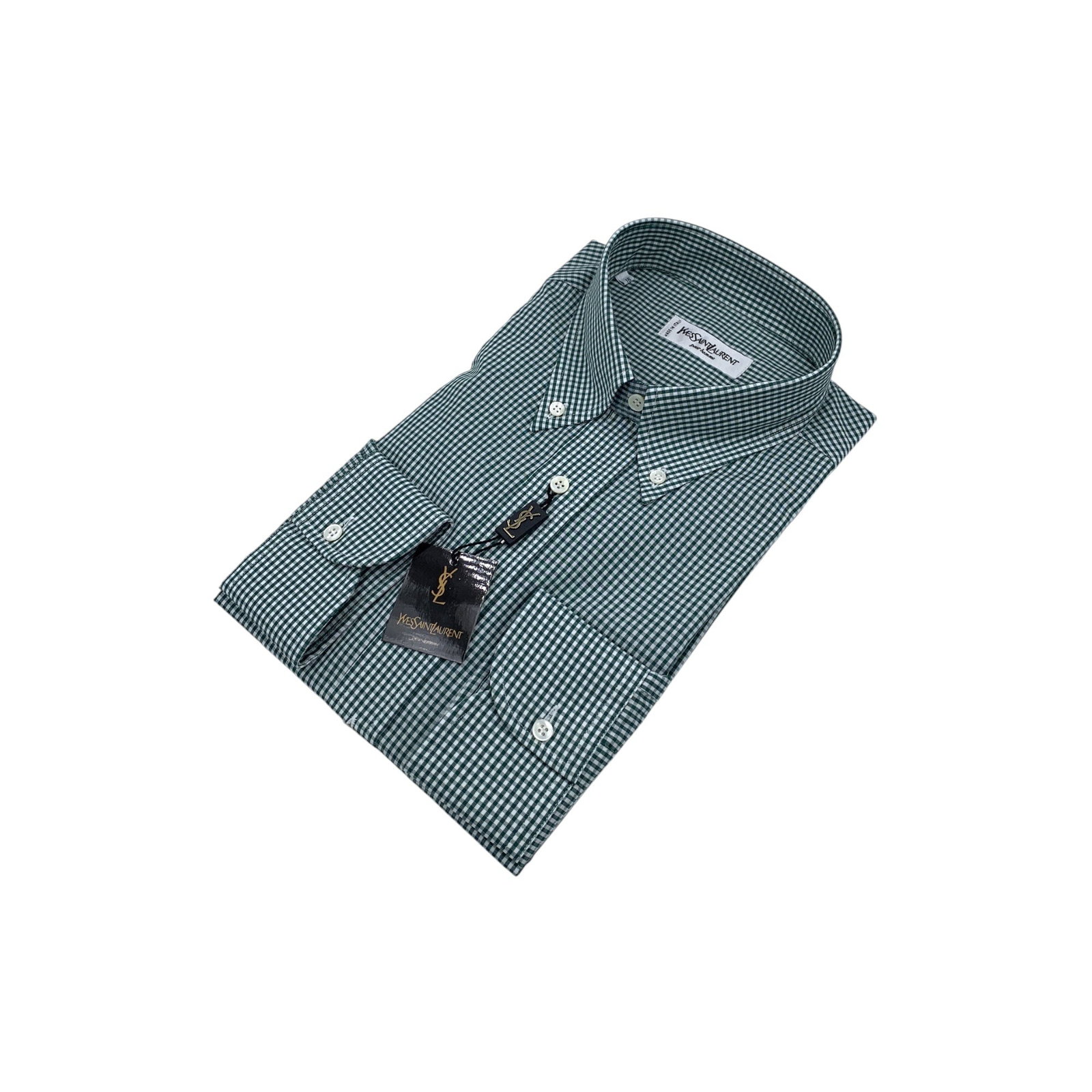 YVES SAINT LAURENT VINTAGE COTTON SHIRT UNISEX SHIRT: This pristine vintage Yves Saint Laurent long-sleeve shirt is a beautiful addition to any luxury collection, showcasing the iconic and fresh gingham (Vichy) check pattern in a deep forest green and br