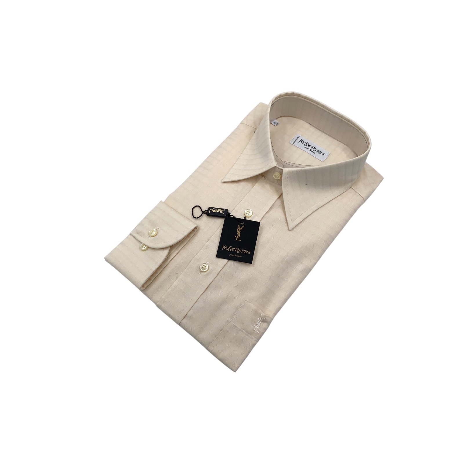 YVES SAINT LAURENT VINTAGE COTTON SHIRT UNISEX SHIRT: A flawless testament to classic Parisian tailoring and understated luxury, this pristine vintage Yves Saint Laurent long-sleeve dress shirt is an exceptional d'archive find. Rendered in a sophisticate