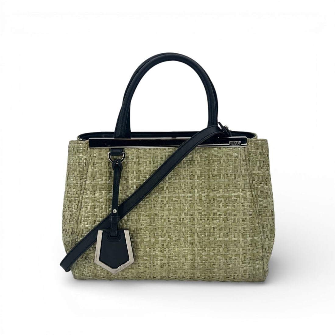 FENDI WICKER TOTE BAG 2JOURS: This bag is a refined and luminous interpretation of a timeless icon: the Petite 2Jours by Fendi. Crafted in woven straw in soft light green tones, it is elegantly finished with black leather trim, ha
