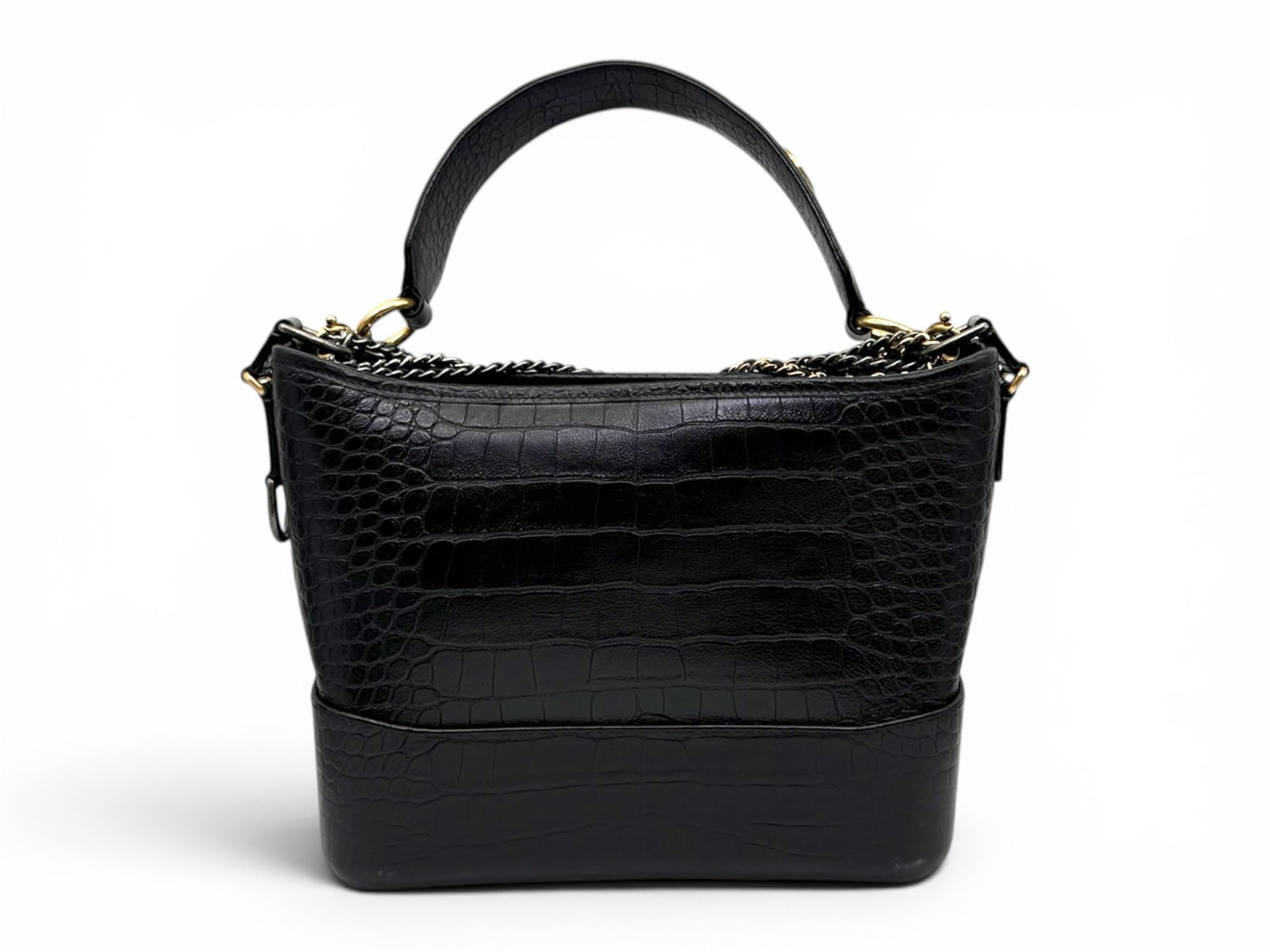 Chanel Gabrielle Black Crocodile Embossed Leather Shoulder Bag with Mixed Hardware: Sophisticated and instantly recognizable, this Chanel Gabrielle shoulder bag combines contemporary style with the timeless elegance of the House. Crafted in crocodile embossed leather with striking mi