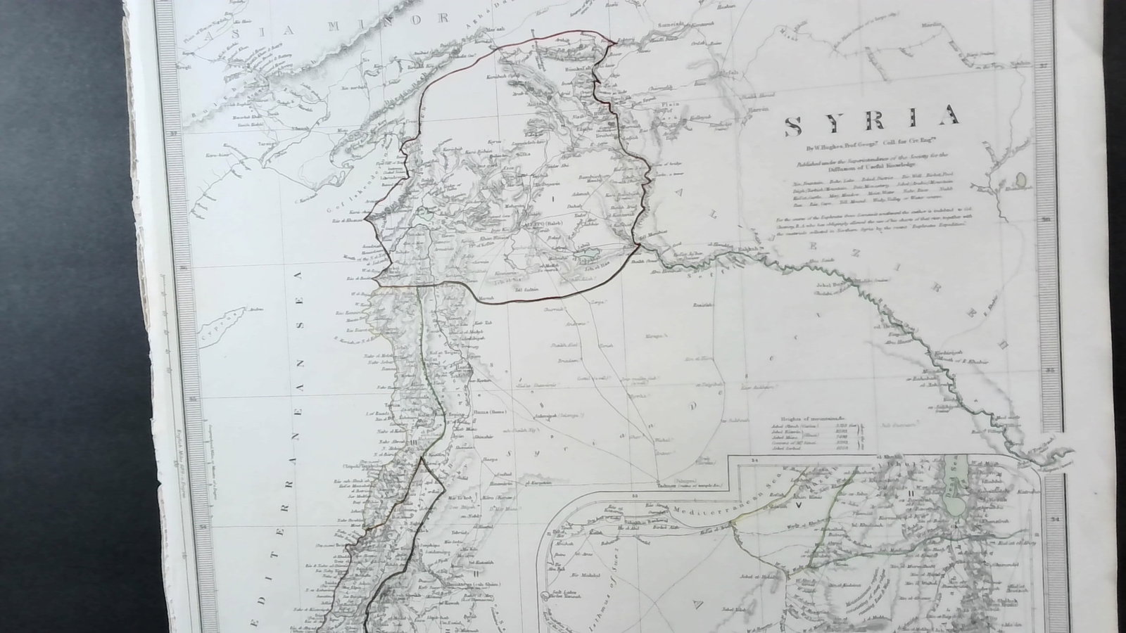Scarce 1860s Antique Map of Syria color map by W. Hughes: Beautiful large unusual map from the 1860s-70s very detailed. overall in good condition, measuring approx. 13x16 inches
