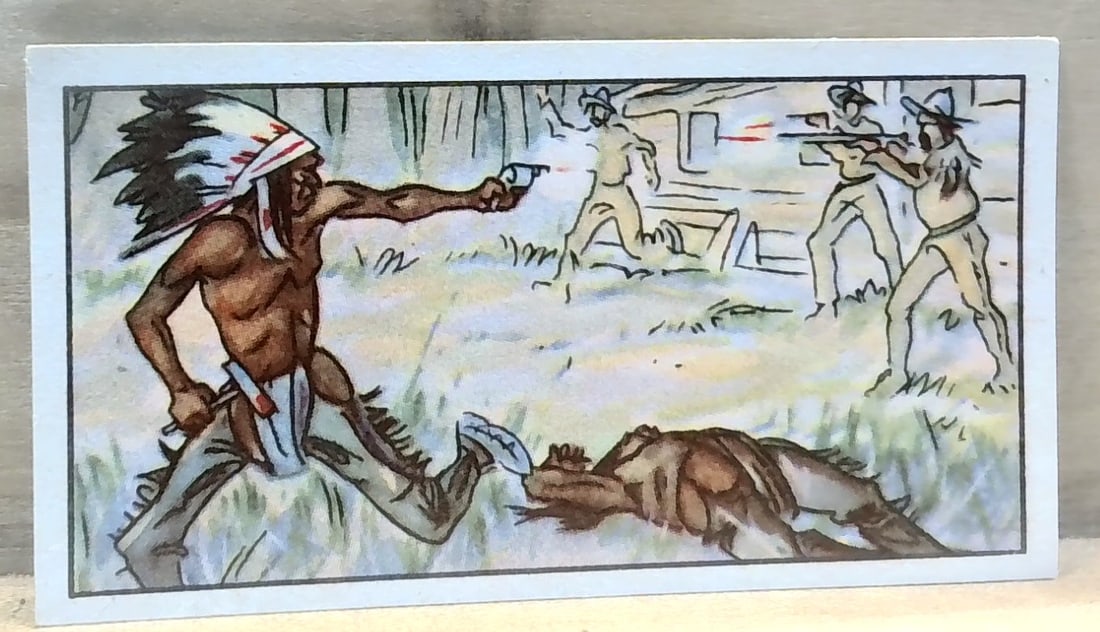 1930s German Tobacco card Indians Cowboys fight at Log Cabin: A nice Original collectible Trade card, ad to your collection, grade it or start your card collections here with us! Many Tobacco , tea and trade cards being listed daily in this current auction. We g