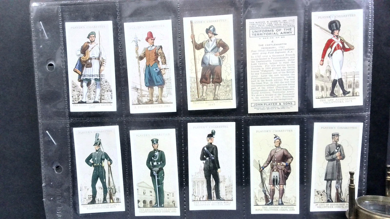 Tobacco cards set 1939 J Players Uniforms of the Territorial Army "a" series: 50 cards complete set, Complete Original Tobacco cards set well preserved in tobacco cards top load protector plastic sheet sleeves. Items being added daily to our current auction. Please continue to 
