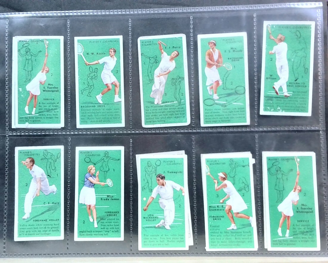 Original Tobacco cards 1936 J. Player Tennis lot 13 cards: Nice Sheeted lot, In protector tobacco cards sheet(s). Begin your tobacco cards collections with us. We will help Start or complete your sets. Many original tobacco cards, sets, singles, collections a