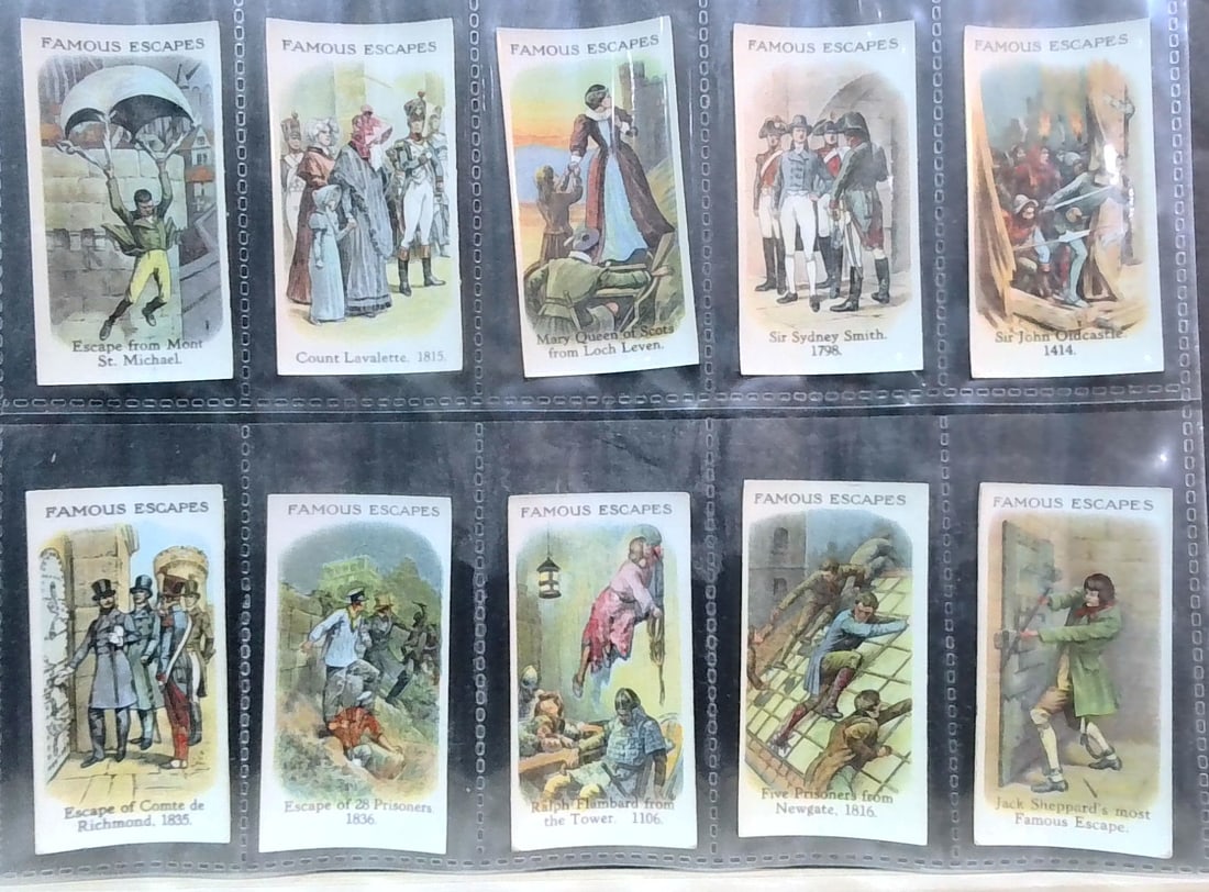 Original Tobacco cards A Unique collection 1926 Famous Escapes Carreras 19 cards: Nice Sheeted lot, In protector tobacco cards sheet(s). Begin your tobacco cards collections with us. We will help Start or complete your sets. Many original tobacco cards, sets, singles, collections a
