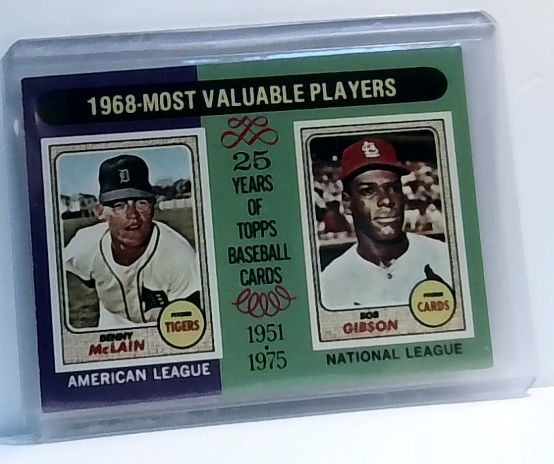 Denny McLain Bob Gibson 1975 Topps Mini 1968 Most Valuable Players #206 Detroit Mint: In top loader, Mint, Please inspect pictures, Lots of cards, stars and rookies. Other Sports cards Available in our current sale. Most cards are mint and all are in protective top loaders.