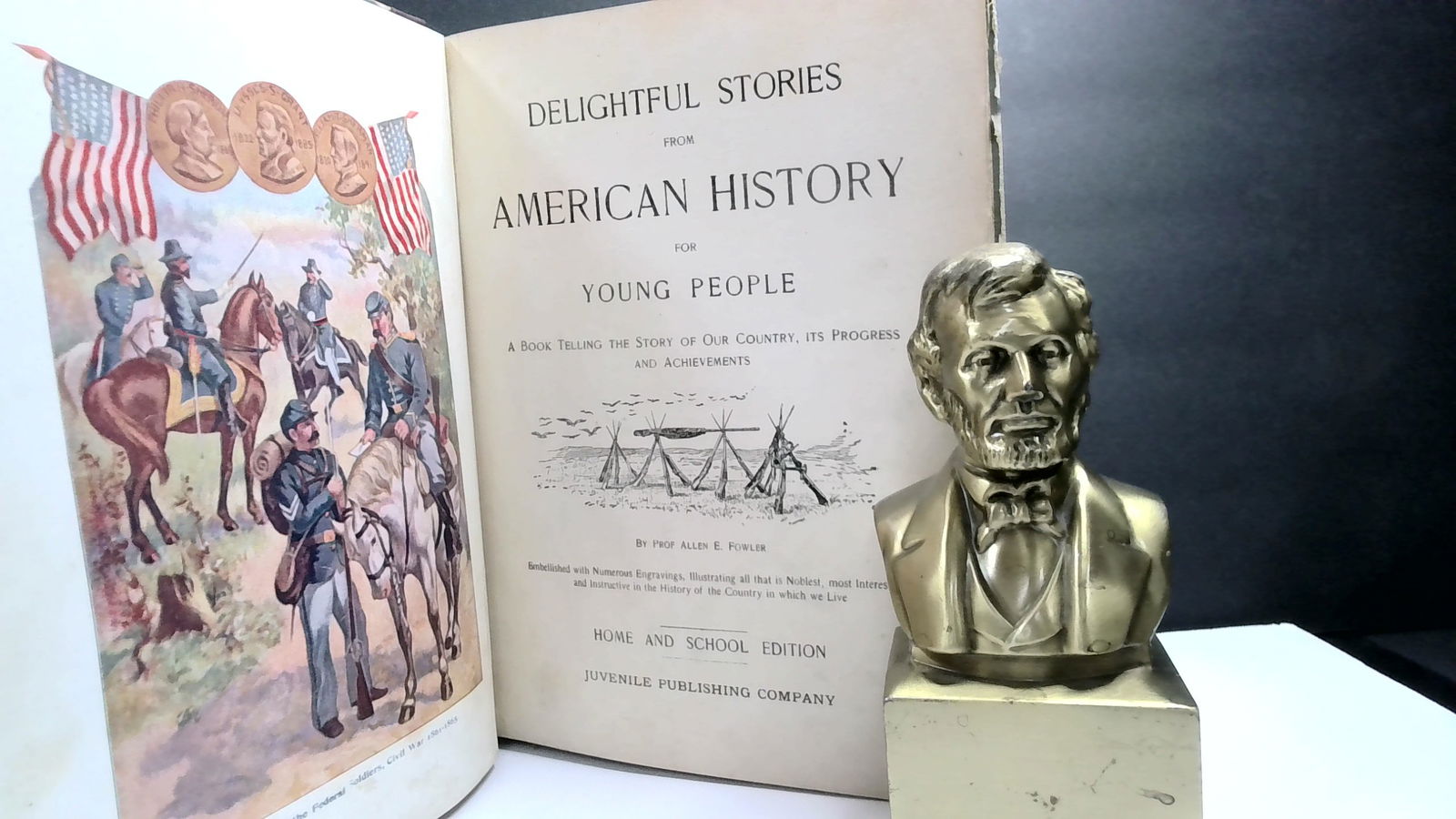 American Patriotic Stories and Exciting Events by Prof. Allen Fowler 1898: Illustrated boards, published by Juvenile publishing first edition. Binding and hinges are tight, With Usual age corner, surface and edge wear, overall pages are bright. Please view pictures below for