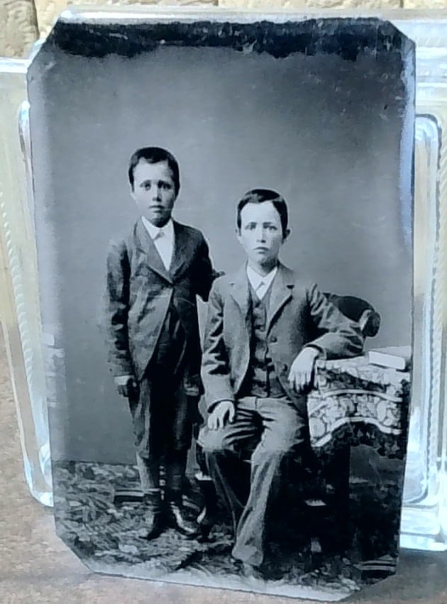 Antique 1880s Tin 2 well dressed Suited Lads (1 of 2)