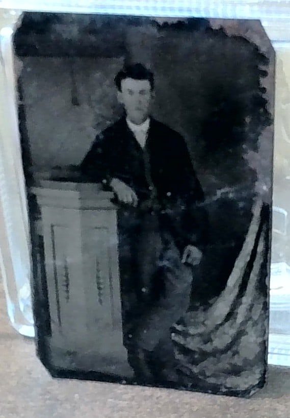Antique 1880s Tin type man leaning against Pedestal: Please inspect pictures, Lots of itmes Available in our current sale.