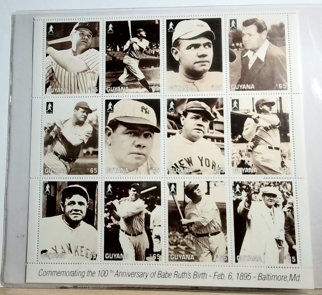 Babe Ruth Guyana Uncut Sheet 12 Stamps - 100th Anniversary of Birth - w COA (1 of 2)