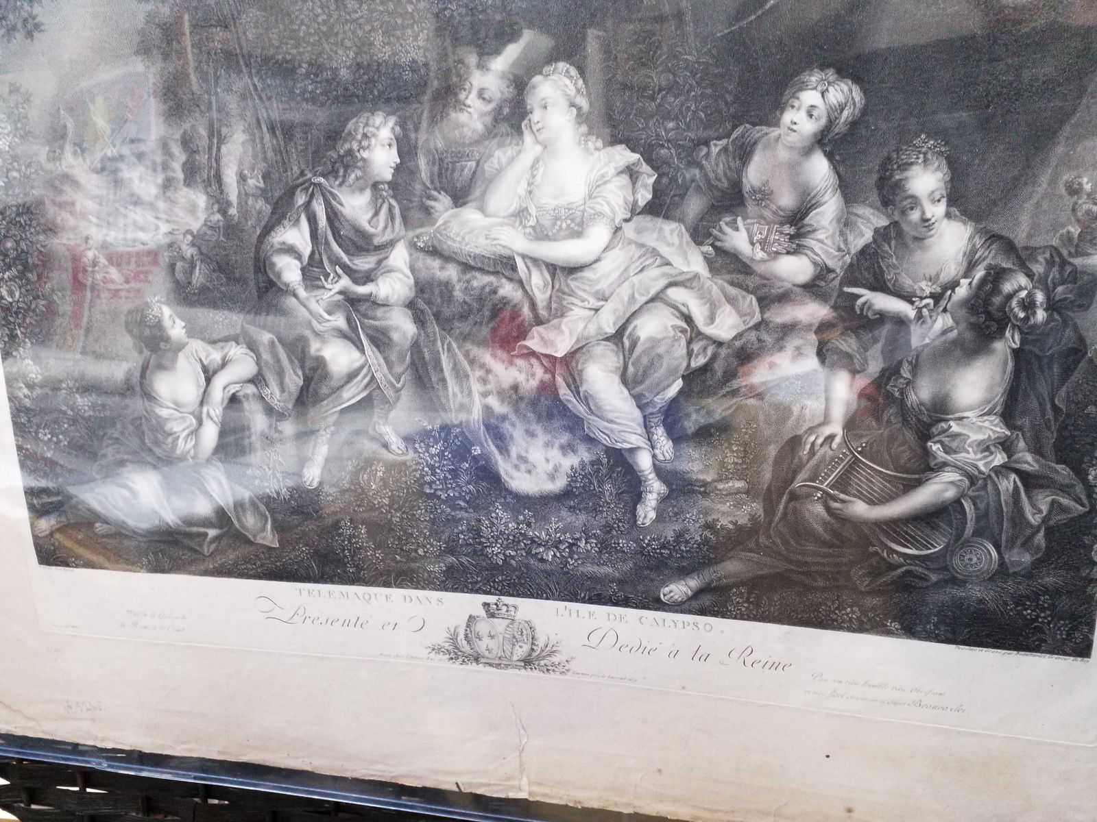 Large original 1760s Jacques Beauvarlet Huge Engraving The Island of Calypso Mythology: Original Large stunningly beautiful Circa. approx. 1760s, , Huge Wall engraving , 18th century piece, with some edge outer border tattering, and some border stain engraving itself is very nice. Huge e
