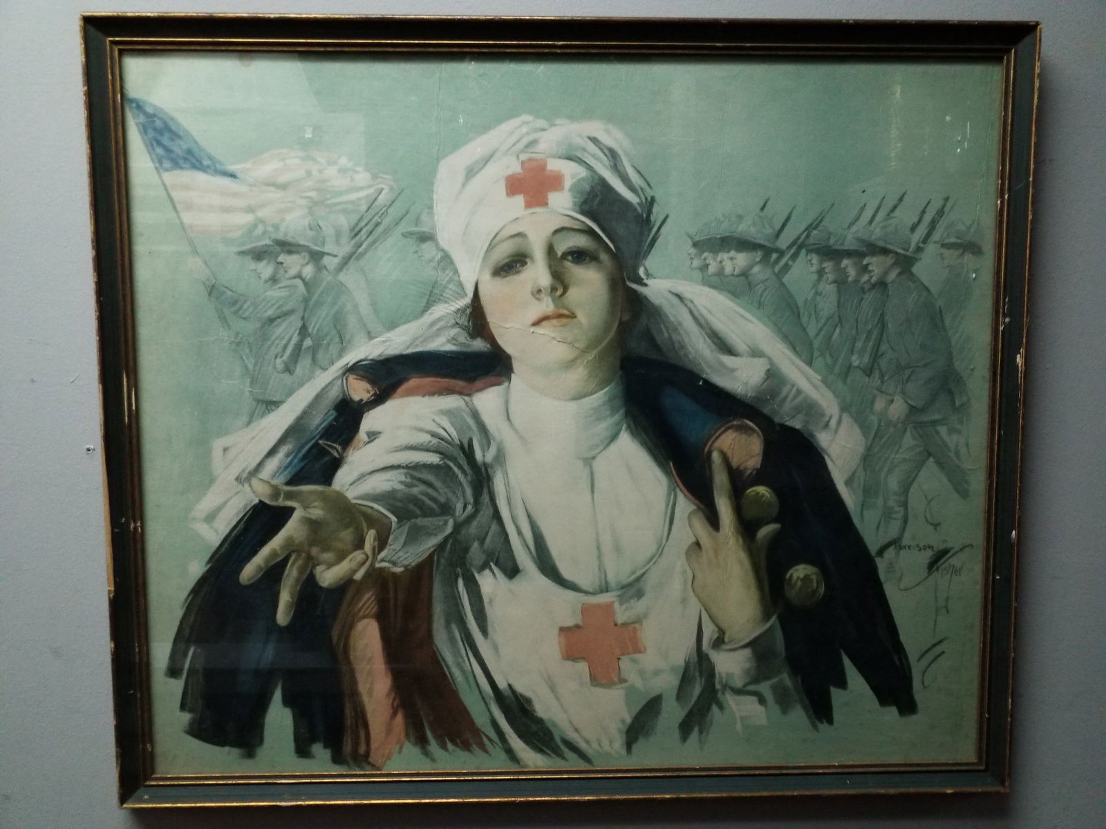 1915 Scarce WWI Period Framed Red Cross Soldier Print signed Harrison (1 of 10)
