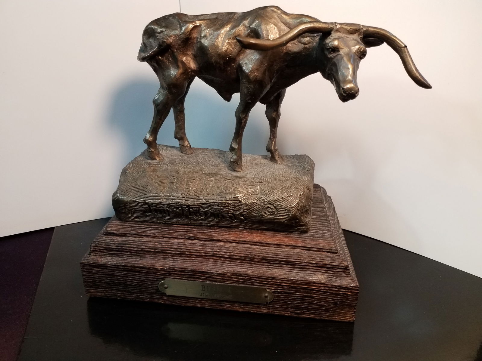 Bevo I by artist Jim Thomas Original Cast BRONZE Longhorn Sculpture on Wooden base (1 of 8)