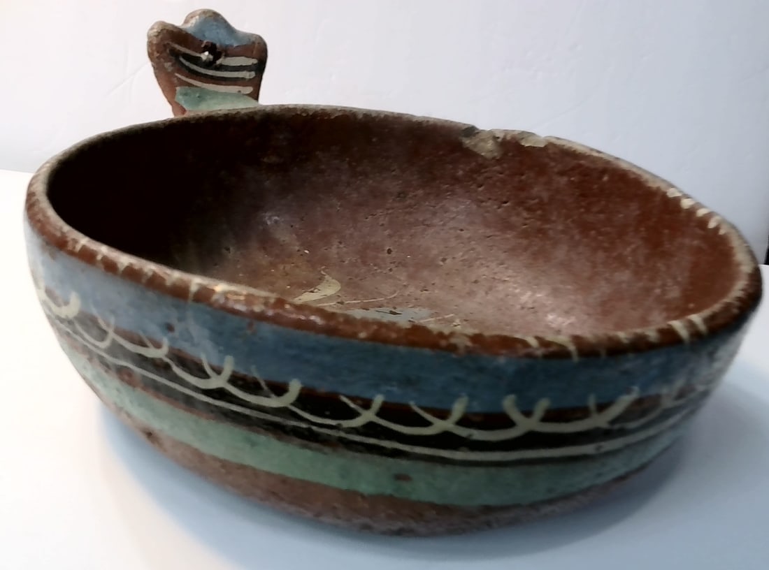 Original Pottery Handmade Scarce Antique Hand Painted Floral Mexican Large Clay bowl (1 of 5)