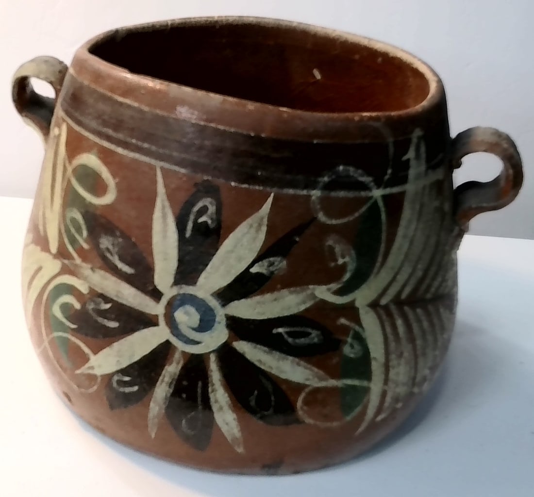 Original Pottery Handmade Scarce Antique Hand Painted Floral Mexican Clay large POT (1 of 6)