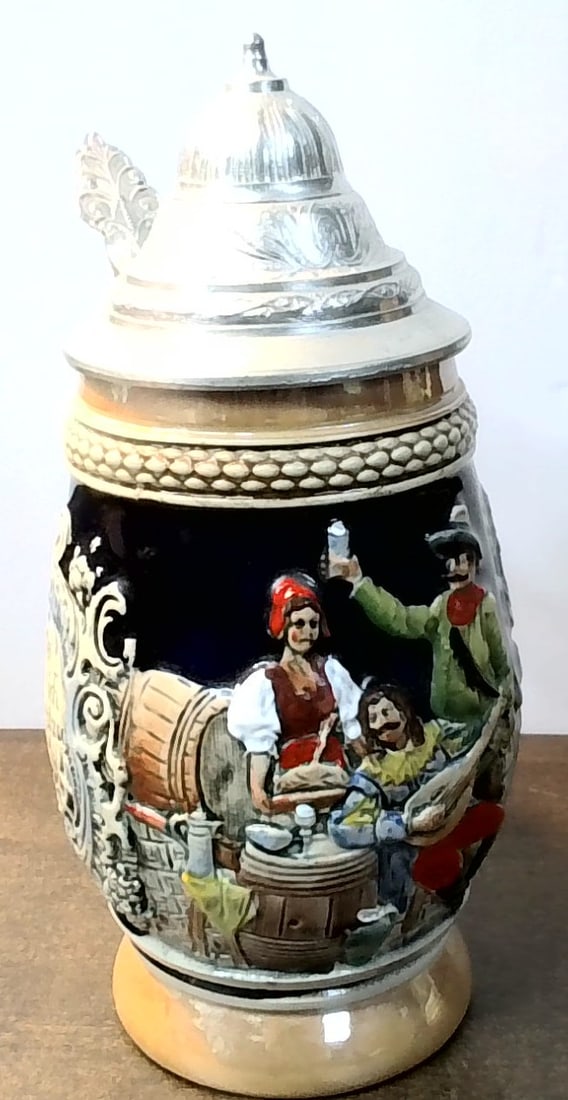 Vintage German Beer Stein Lidded Pewter Festive Scene tall marked West Germany (1 of 4)