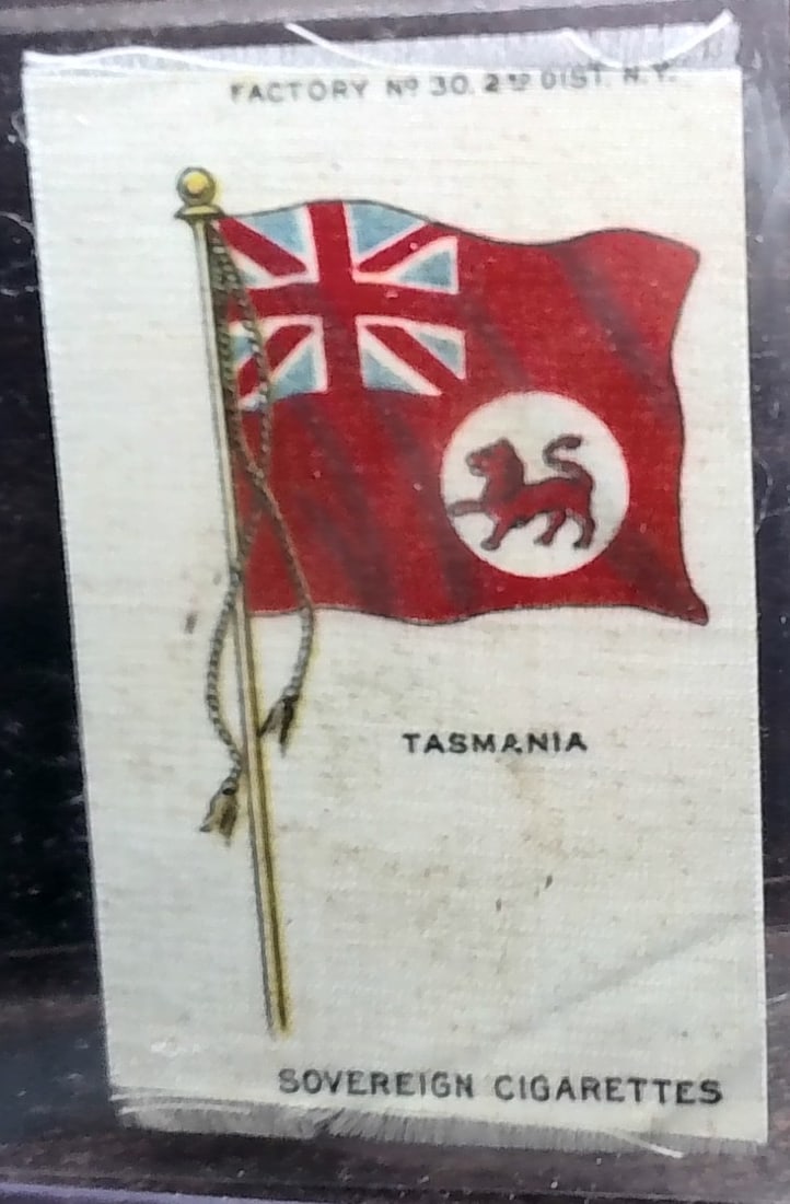 1912 German Tobacco card - Sovereign Cigarettes tobacco flag Silk Tasmania: Many Tobacco cards and silks available. Consistently adding new items daily to our Auction. Please keep checking back for new arrivals. Please note any white specks in picture are due to light dust at