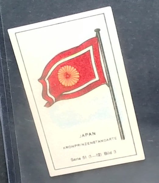 1915 German Tobacco card Who knows the countries knows the flags Japan Crown Prince Standard: Many Tobacco cards and silks available. Consistently adding new items daily to our Auction. Please keep checking back for new arrivals. Please note any white specks in picture are due to light dust at