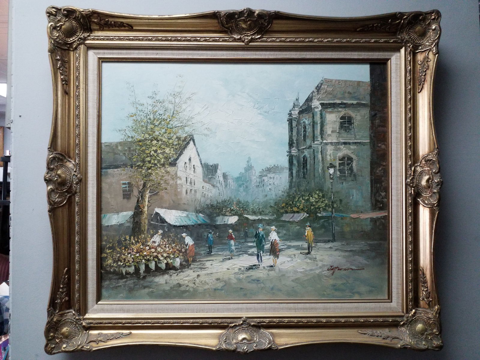Signed Gilded Time Period Frame Oil Painting on Canvas Village Scene Flower Merchant by Jefferson (1 of 7)