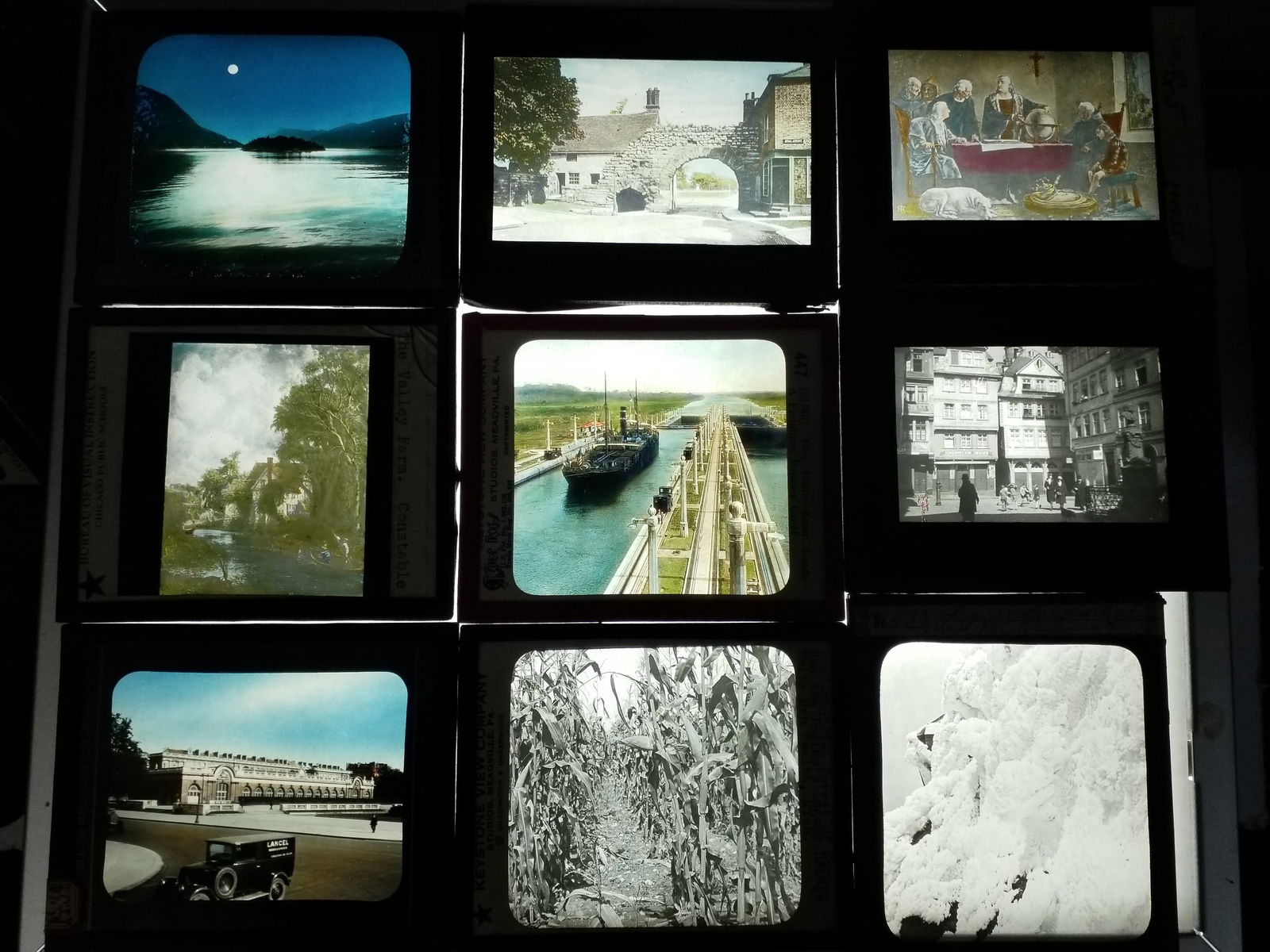 9 late 19th Century Magic Lantern Slides Panama Canal Freighter , Truck , Village etc (1 of 1)