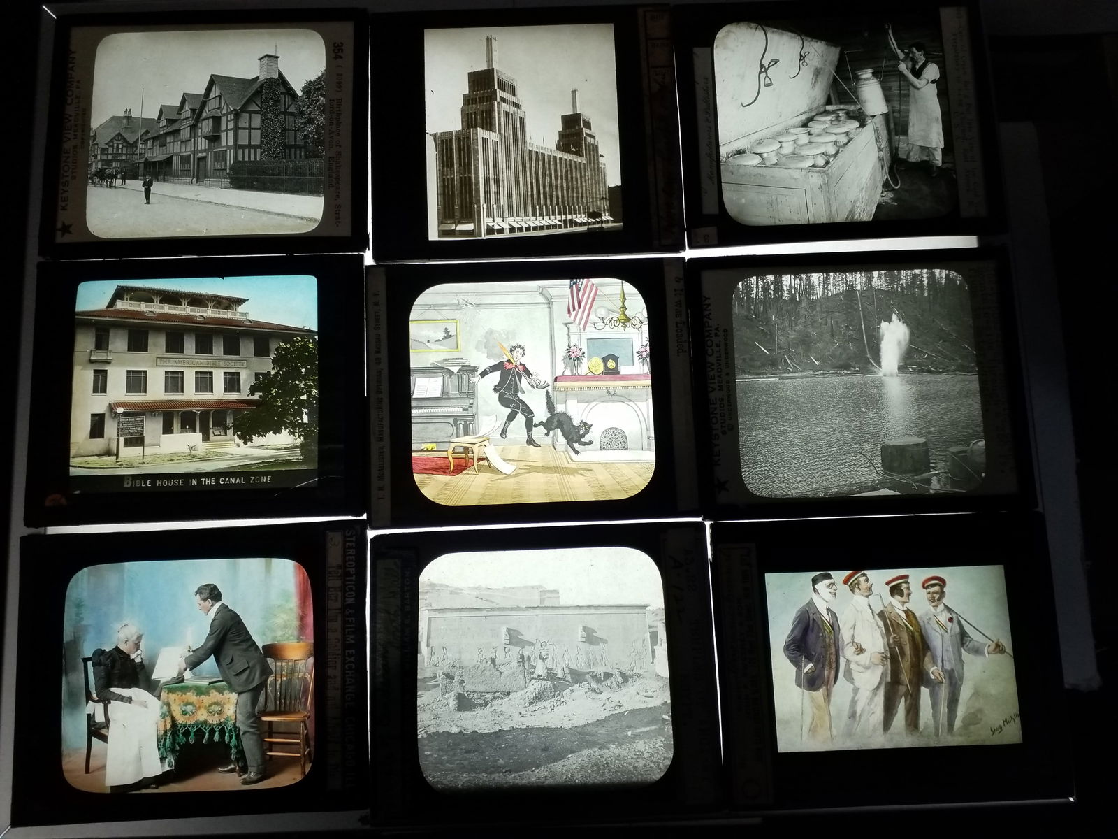 A very nice Lot of 9 Magic Lantern Slides Fairy Tales Anne Hathaways House Bible house Panama Canal (1 of 1)