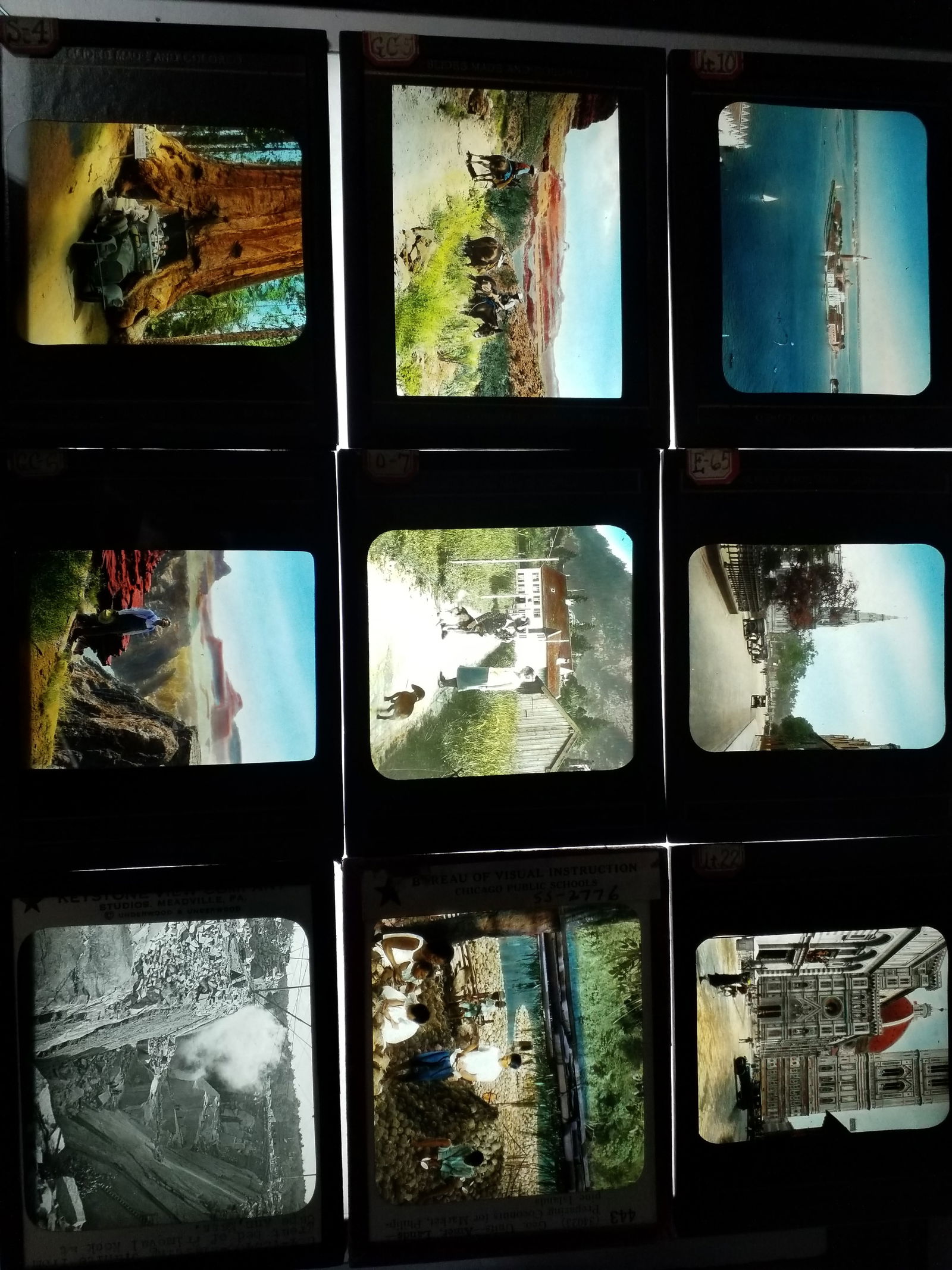 A very nice Lot of 9 Magic Lantern Slides Early Car Drives Through Giant Sequoia Cowboys etc (1 of 2)