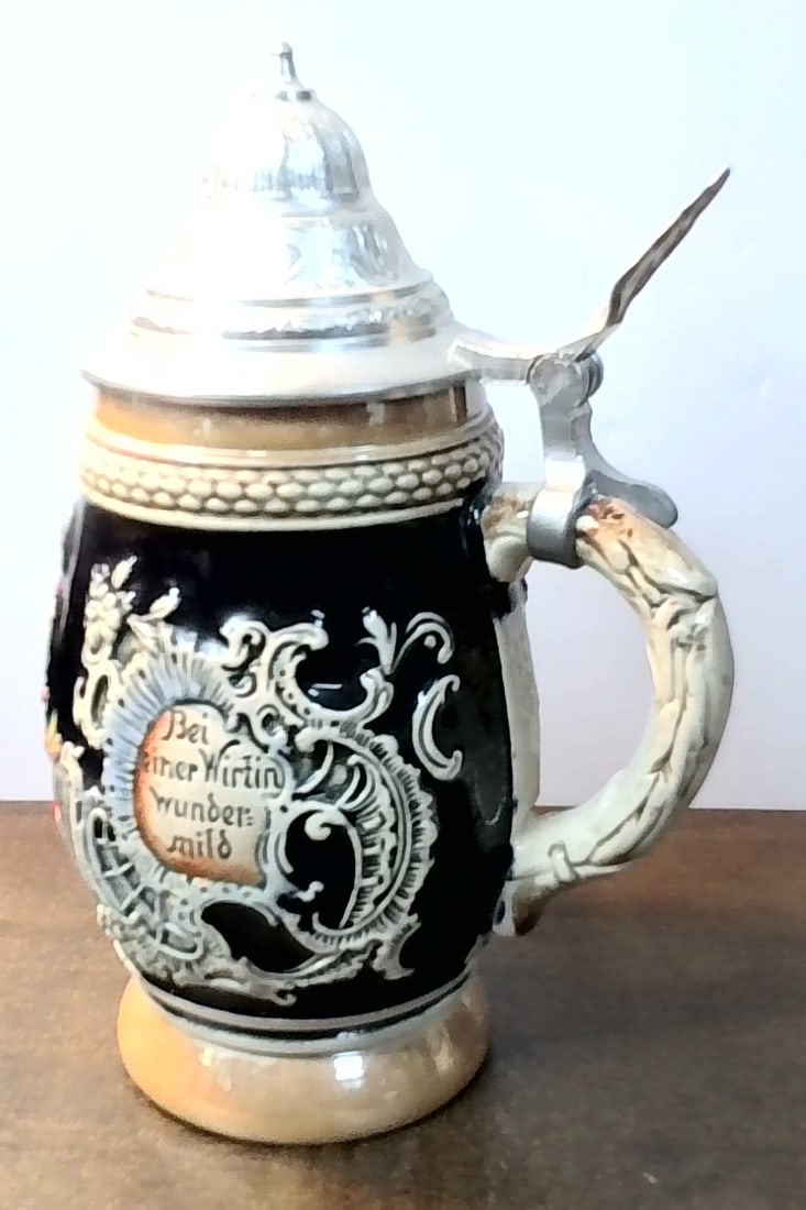Vintage German Beer Stein Lidded Pewter Festive Scene tall marked West Germany (1 of 4)