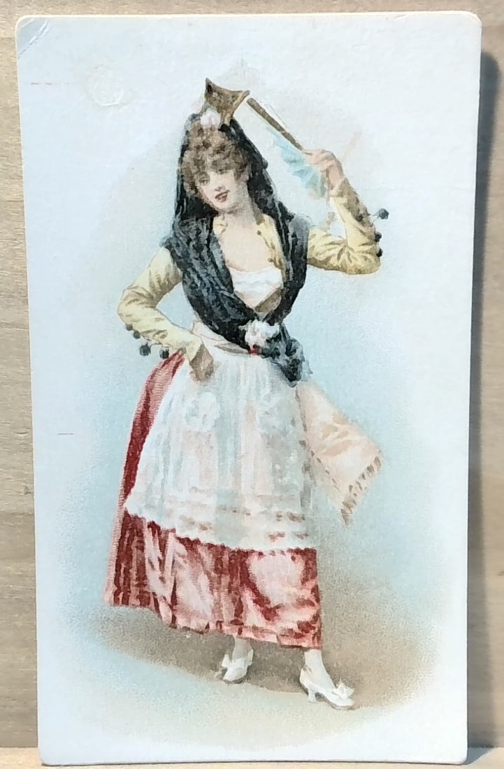 1892 GAIL & AX'S Navy Long Cut Tobacco Card N110 FRENCH NOVELTIES Girl with Fan (1 of 2)