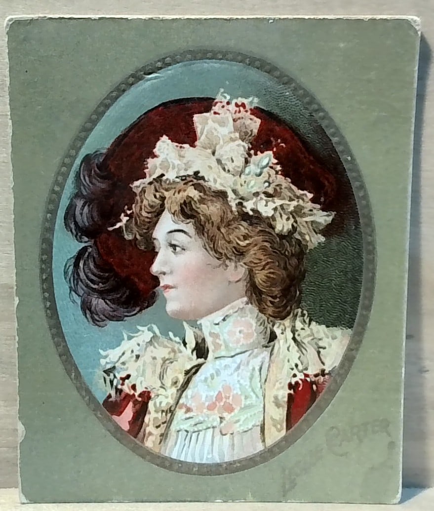 1880s American Tobacco card Oval Gaudy Hatted Lady colorful large card (1 of 2)